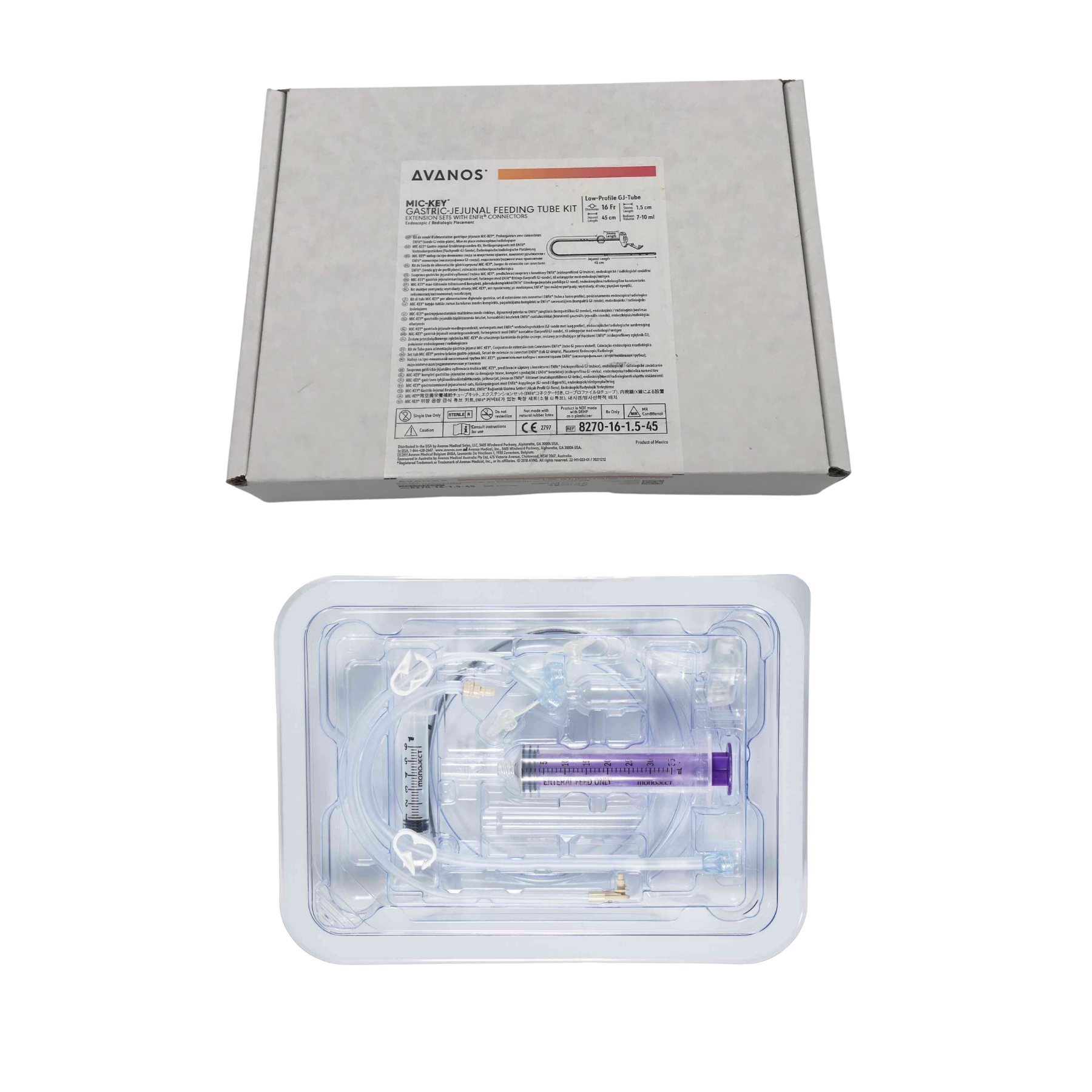 Avanos MIC-KEY GJ feeding tube kit displaying the white product packaging box above a clear blister tray containing enteral tubing, ENFit extension components, and a purple syringe.