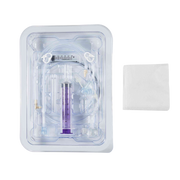 Avanos MIC-KEY GJ feeding tube kit in clear blister packaging with extension sets, purple ENFit syringe, and gauze pad.