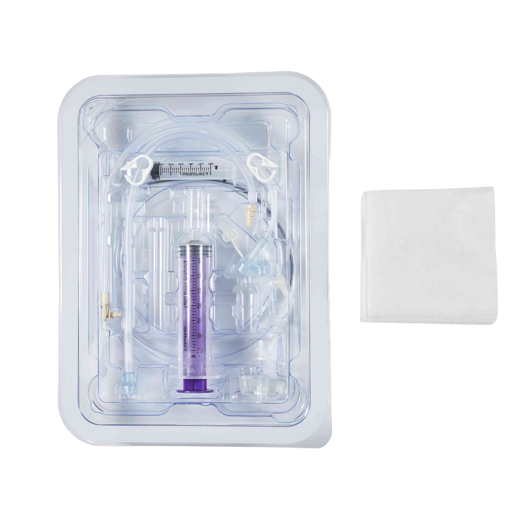 Avanos MIC-KEY GJ feeding tube kit in clear blister packaging with extension sets, purple ENFit syringe, and gauze pad.