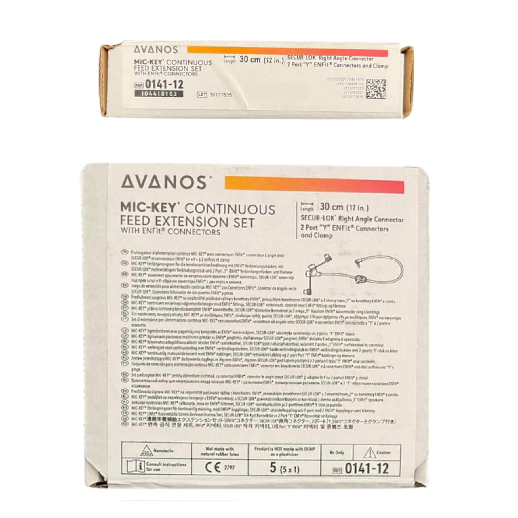 Two views of the Avanos Mic-Key Continuous Feed Extension Set box, showing the front packaging with technical specifications and a smaller top-down view of the box lid.