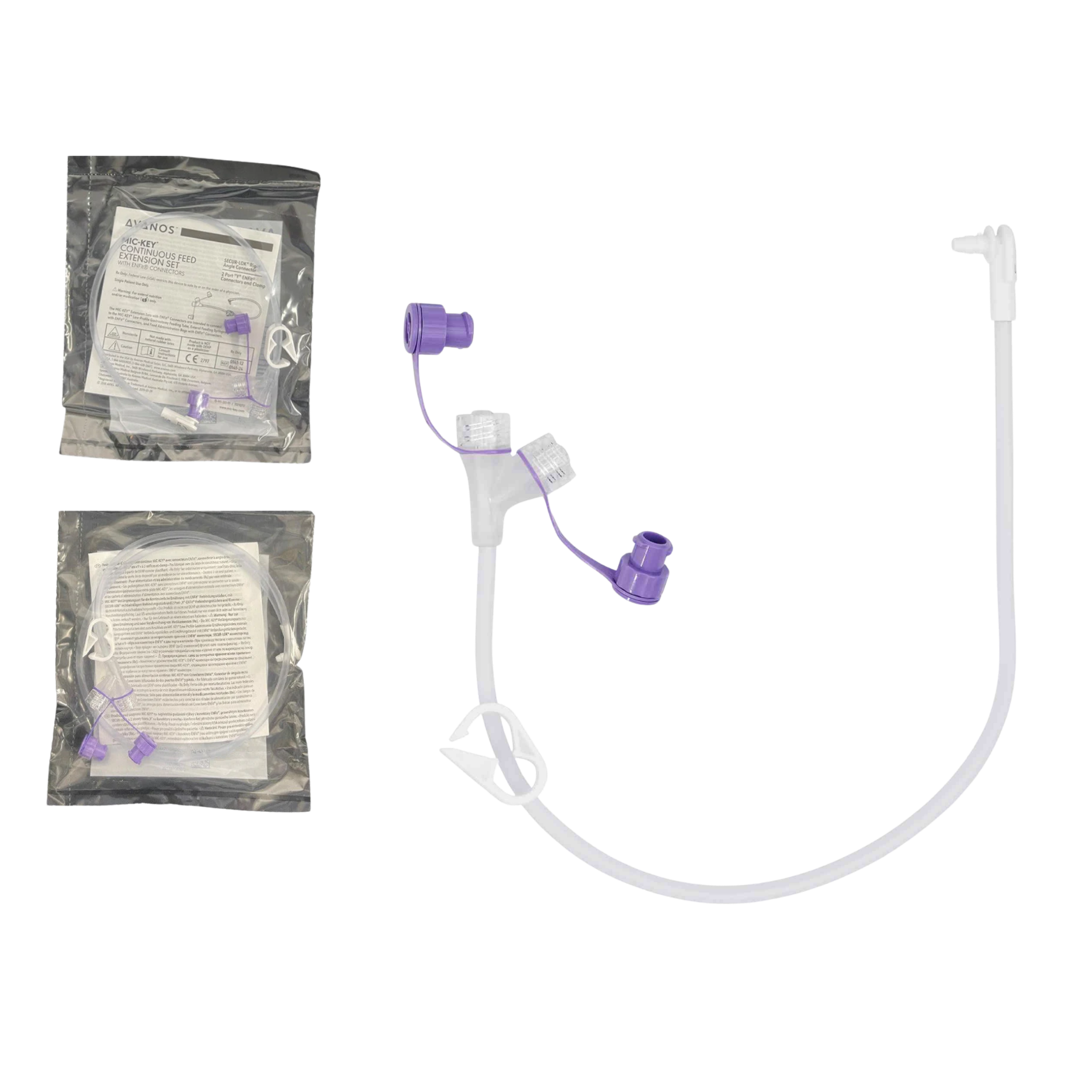 MIC-KEY low-profile 30cm continuous feed extension tube with purple ENFit Y-ports, right-angle SECUR-LOK connector, and two sealed packaging bags.