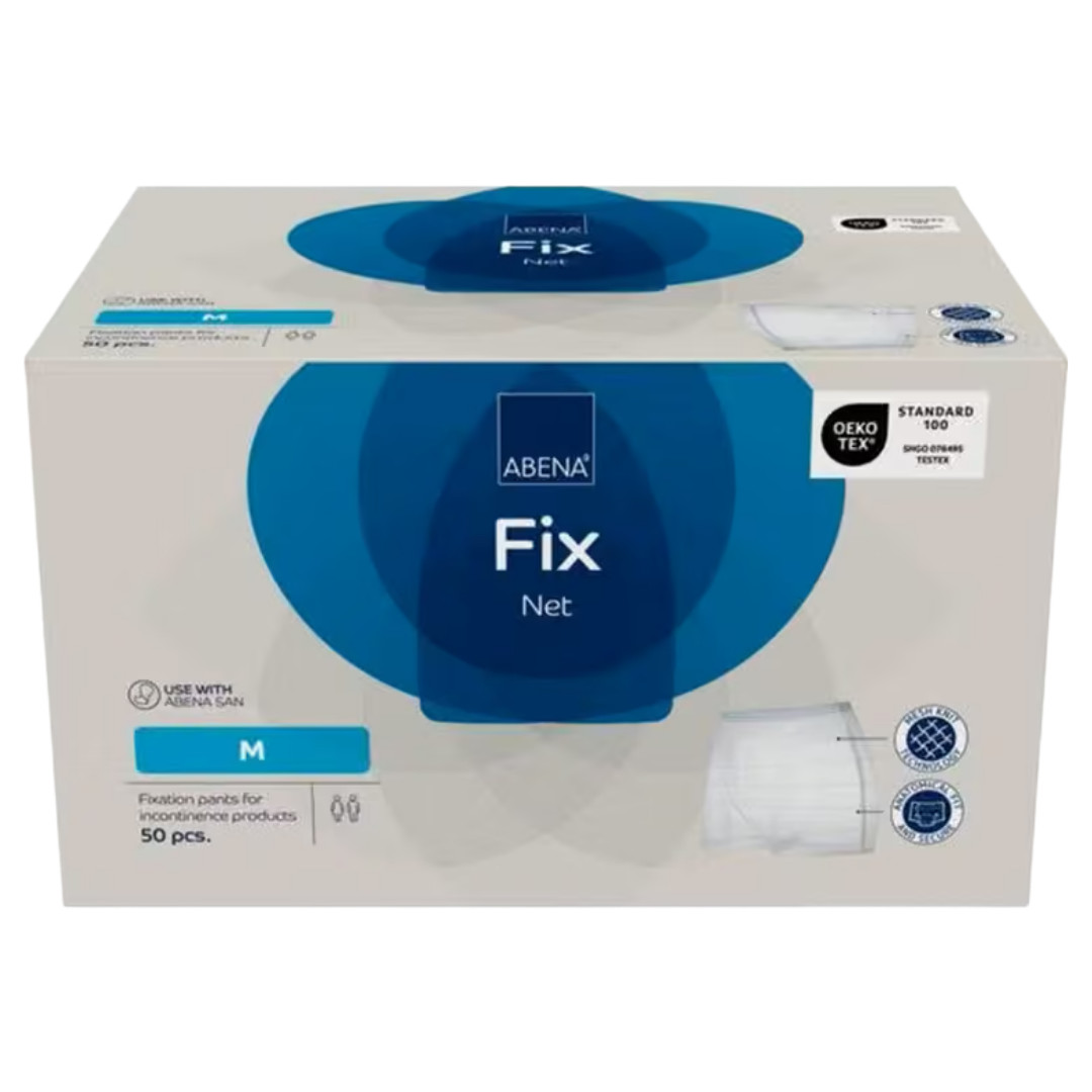 Abena Abri-Fix Net incontinence fixation pants in Medium (Blue color code), suitable for hip sizes 80-130cm.