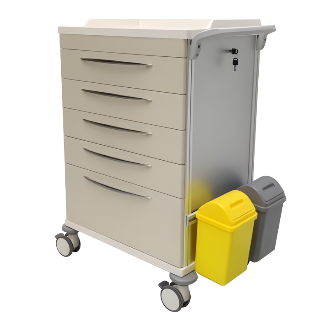 Medicine Trolley with 5 drawers offering durable storage, easy mobility, and organised access for medications in hospitals, aged care, and home care.