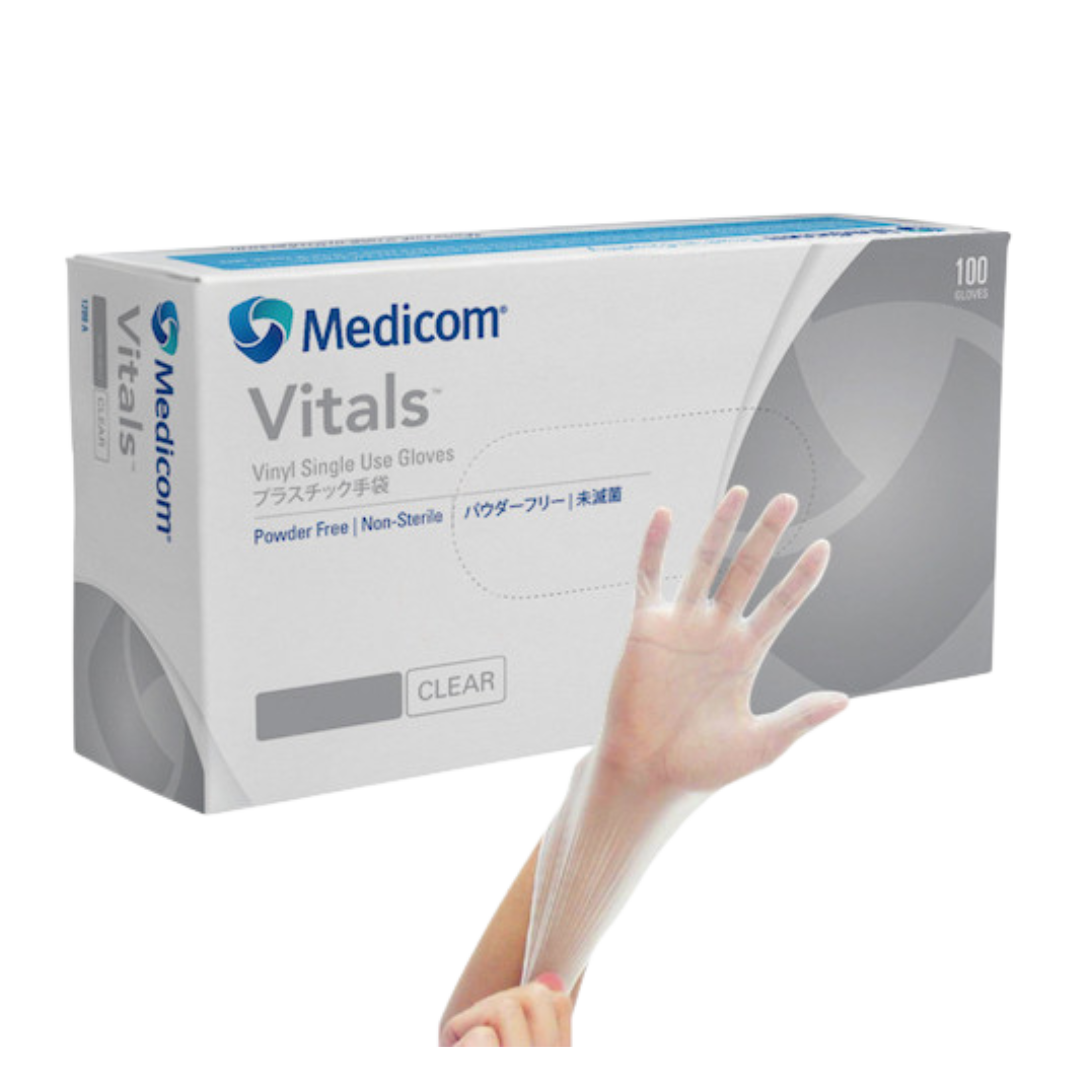 Medicom Vinyl Clear Powder Free Gloves in dispenser box – latex-free, hygienic gloves for everyday protection.