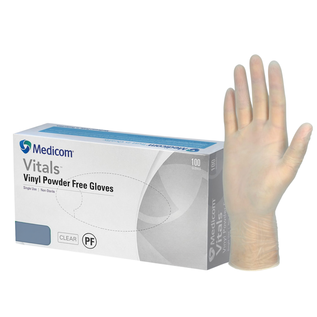 Medicom Vinyl Clear Powder Free Gloves in dispenser box – latex-free, hygienic gloves for everyday protection.
