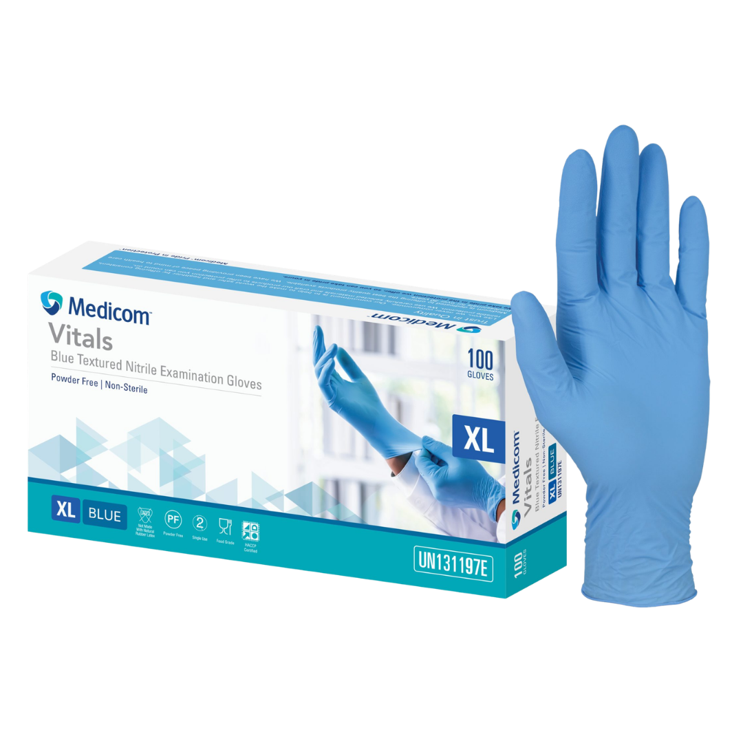 Medicom Vitals Blue Textured Nitrile Examination Gloves box.