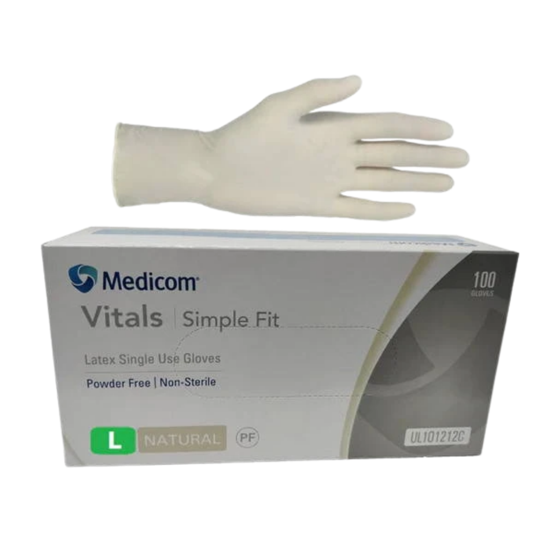 Medicom Vitals Simple Fit Latex Single Use Gloves Powder Free Large 100 Units Per Box Examination