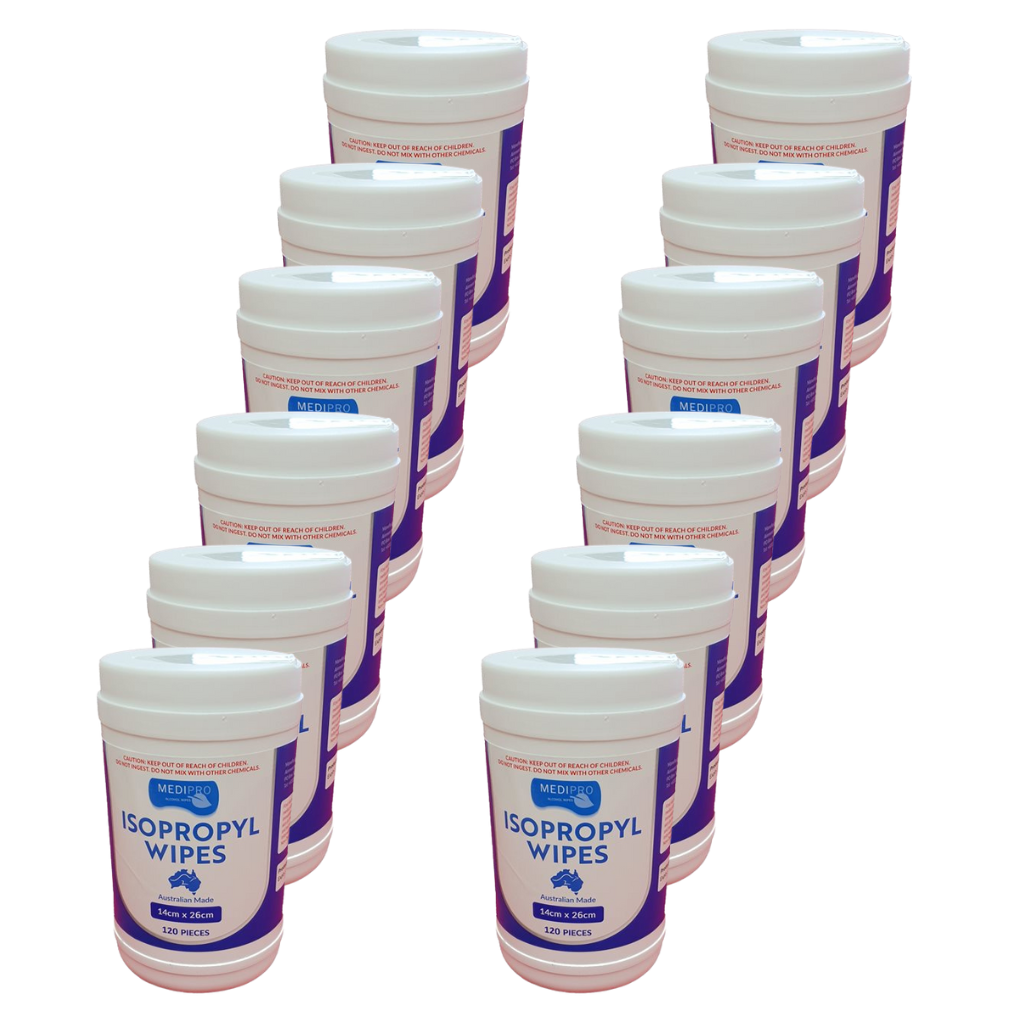Multiple containers of isopropyl wipes on a white background