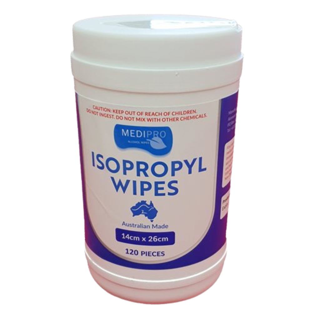 Container of Medipro isopropyl wipes on a white background