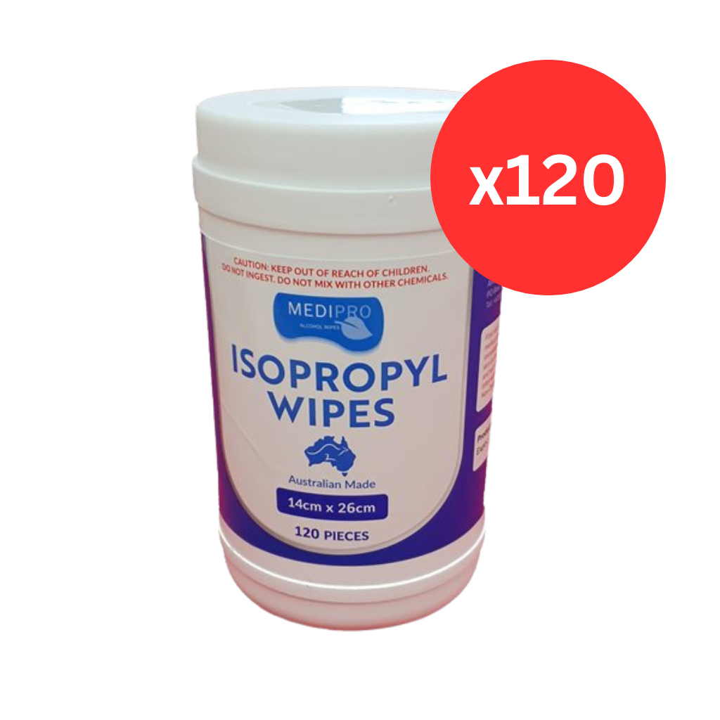 Container of Medipro isopropyl wipes with a red circle indicating 120 pieces on a white background