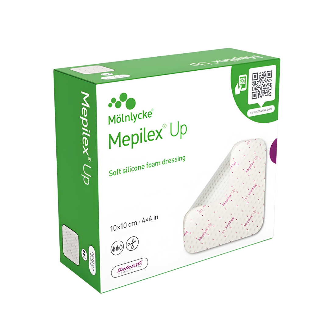 Mepilex Up Non-Bordered Foam Dressing available in multiple sizes, absorbent wound care solution providing comfort and effective exudate management.
