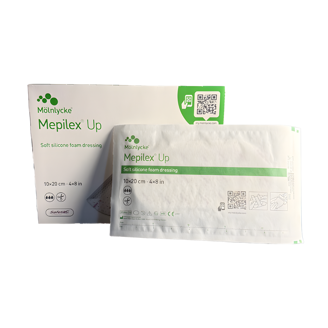 Mepilex Up Non-Bordered Foam Dressing available in multiple sizes, absorbent wound care solution providing comfort and effective exudate management.