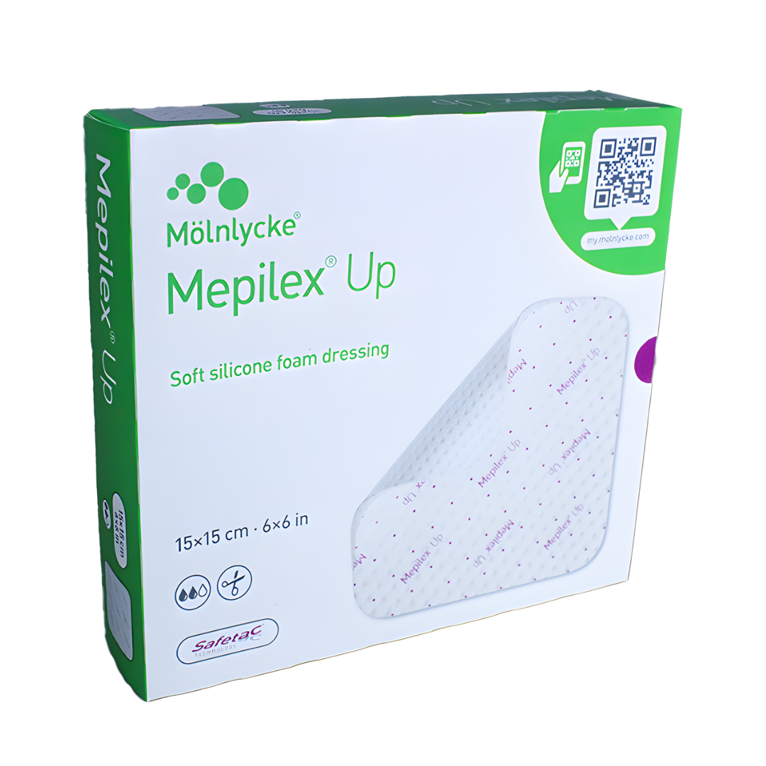 Mepilex Up Non-Bordered Foam Dressing available in multiple sizes, absorbent wound care solution providing comfort and effective exudate management.