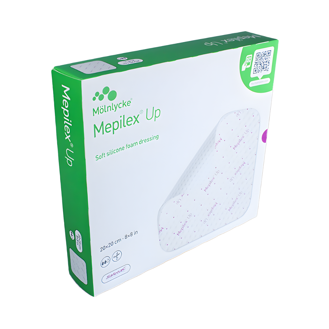 Mepilex Up Non-Bordered Foam Dressing available in multiple sizes, absorbent wound care solution providing comfort and effective exudate management.