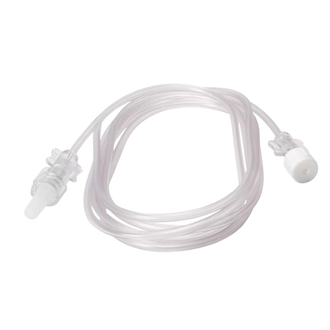 Sterile single-use microbore extension set, female to male Luer Lock with rotating collar, reduces priming volume, secure IV connection in patient care.