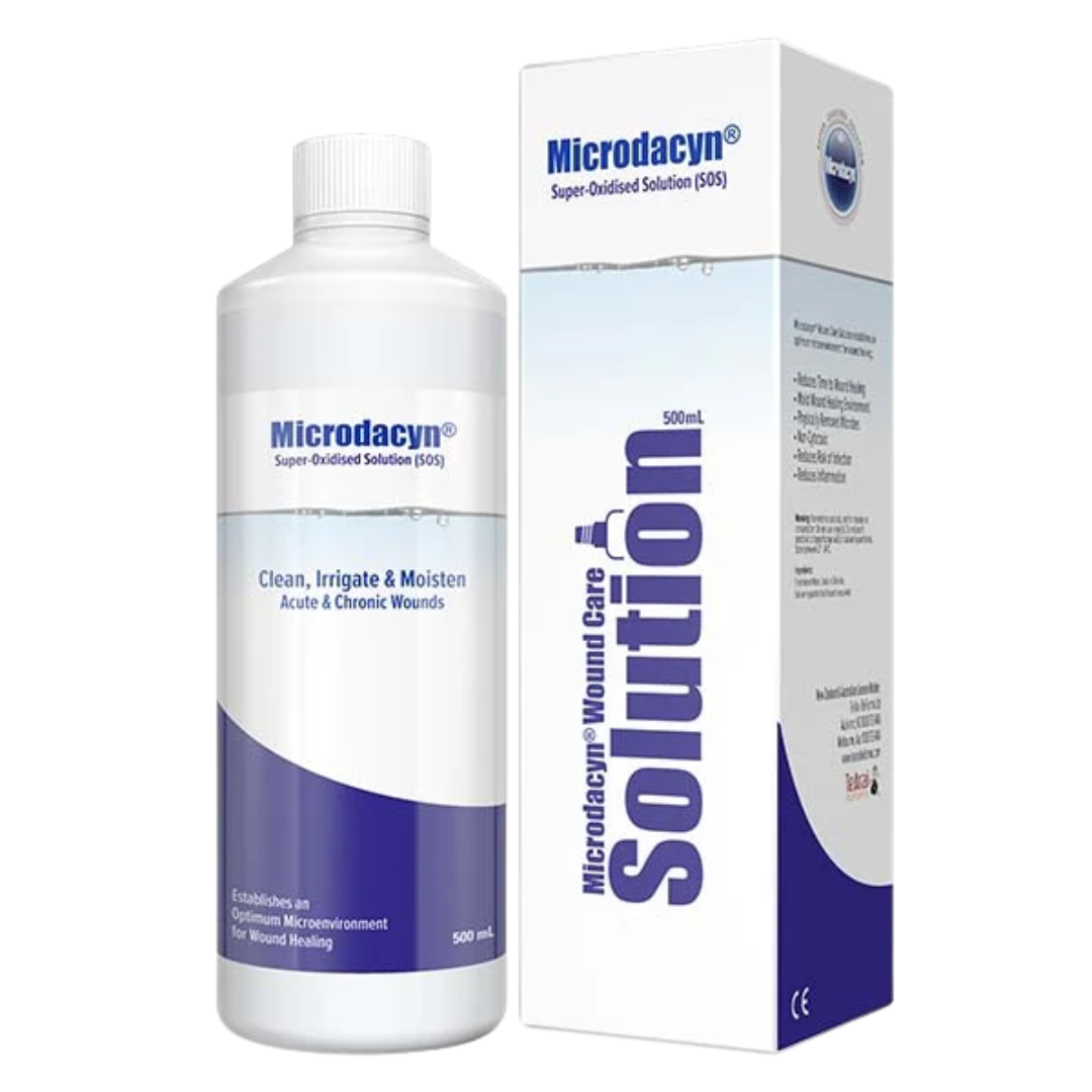 Microdacyn Wound Care 500mL Solution with screw cap, used for safe, non-toxic cleansing of wounds in hospitals, aged care, and home setting