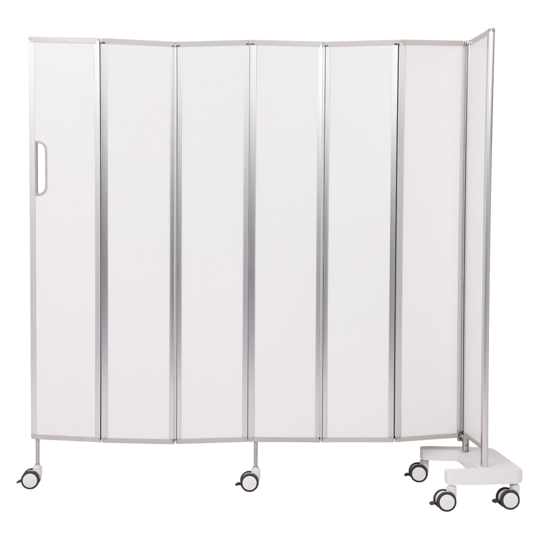 Mobile privacy screen with folding white panels on wheels and a side handle.