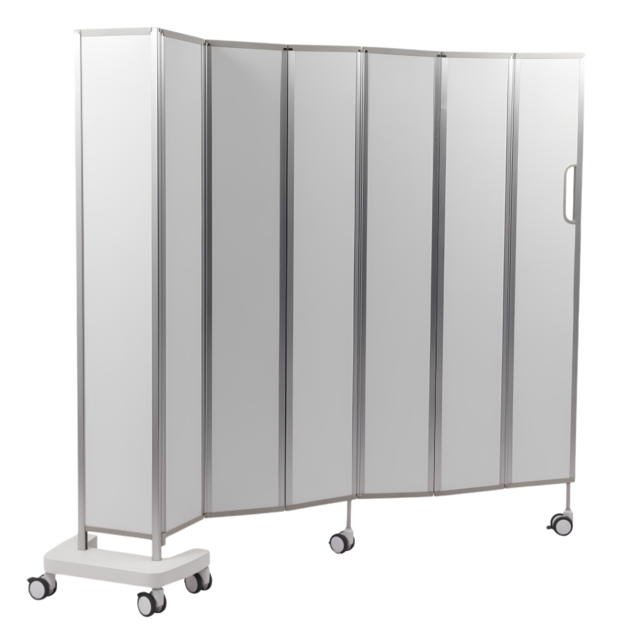 Side angle view of a mobile privacy screen with folding white panels on wheels.