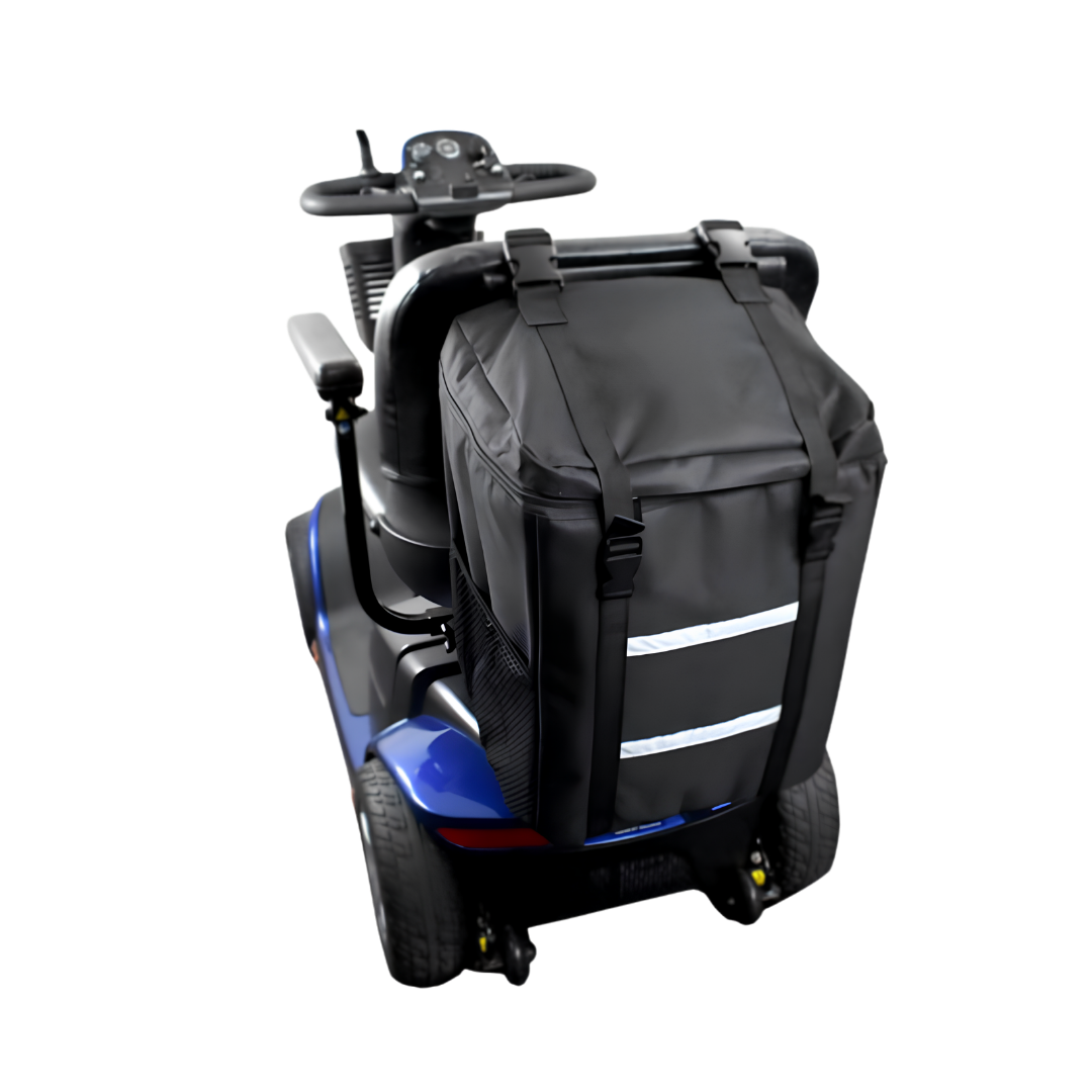 Durable rear bag in backpack style for mobility scooters, attaches securely to seat back, spacious storage for personal items and daily essentials.