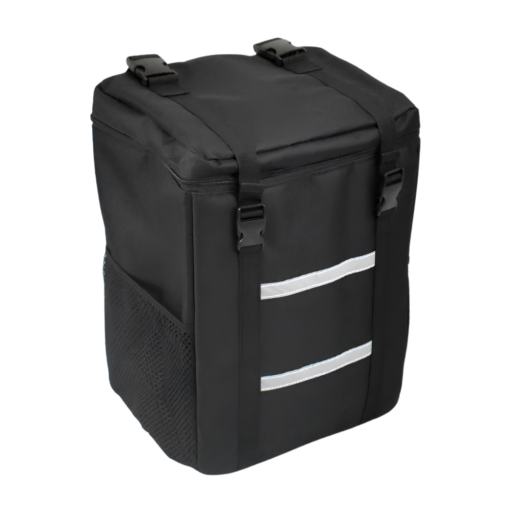 Durable rear bag in backpack style for mobility scooters, attaches securely to seat back, spacious storage for personal items and daily essentials.