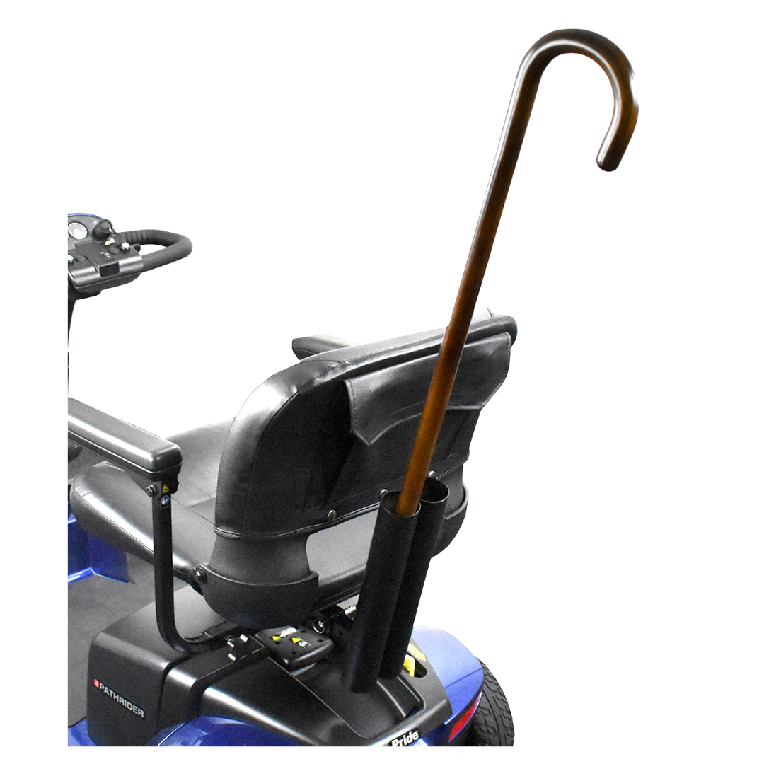 Mobility scooter cane holder with secure rear mounting, durable lightweight design, easy access for walking aid, supports safe travel and rider independence.