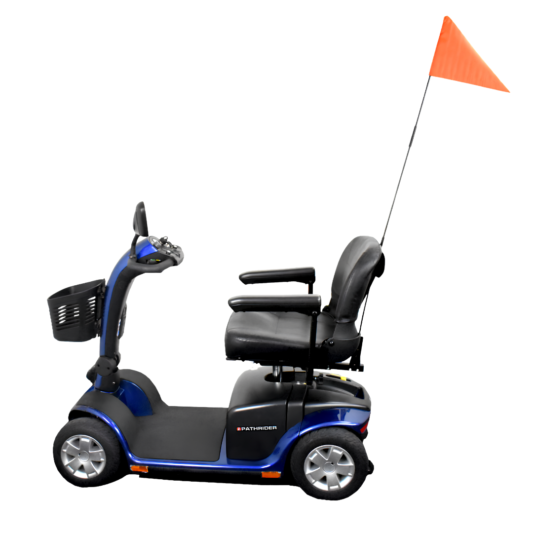 Mobility scooter flag with sturdy bracket, high‑visibility design for outdoor safety, easy attachment, supports rider awareness and secure travel.