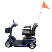 Mobility scooter flag with sturdy bracket, high‑visibility design for outdoor safety, easy attachment, supports rider awareness and secure travel.