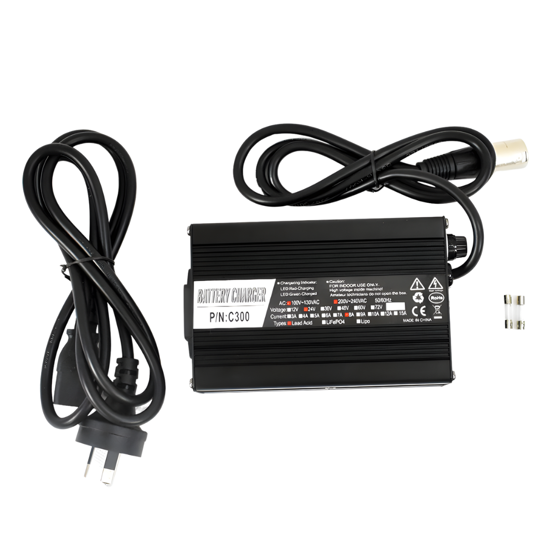 Universal 8AMP mobility scooter charger delivering fast, safe, and reliable power, ideal for larger scooters, aged care facilities, and NDIS participants.