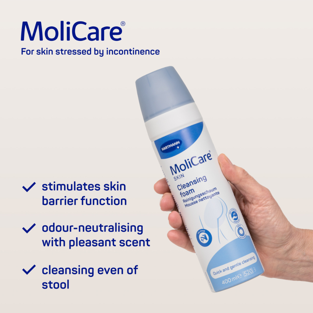 MoliCare Skin Cleanse Foam 400ml – no-rinse gentle cleansing foam for sensitive skin and incontinence care.