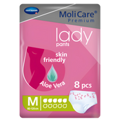 MoliCare Premium lady pants packaging with pink background and product details.