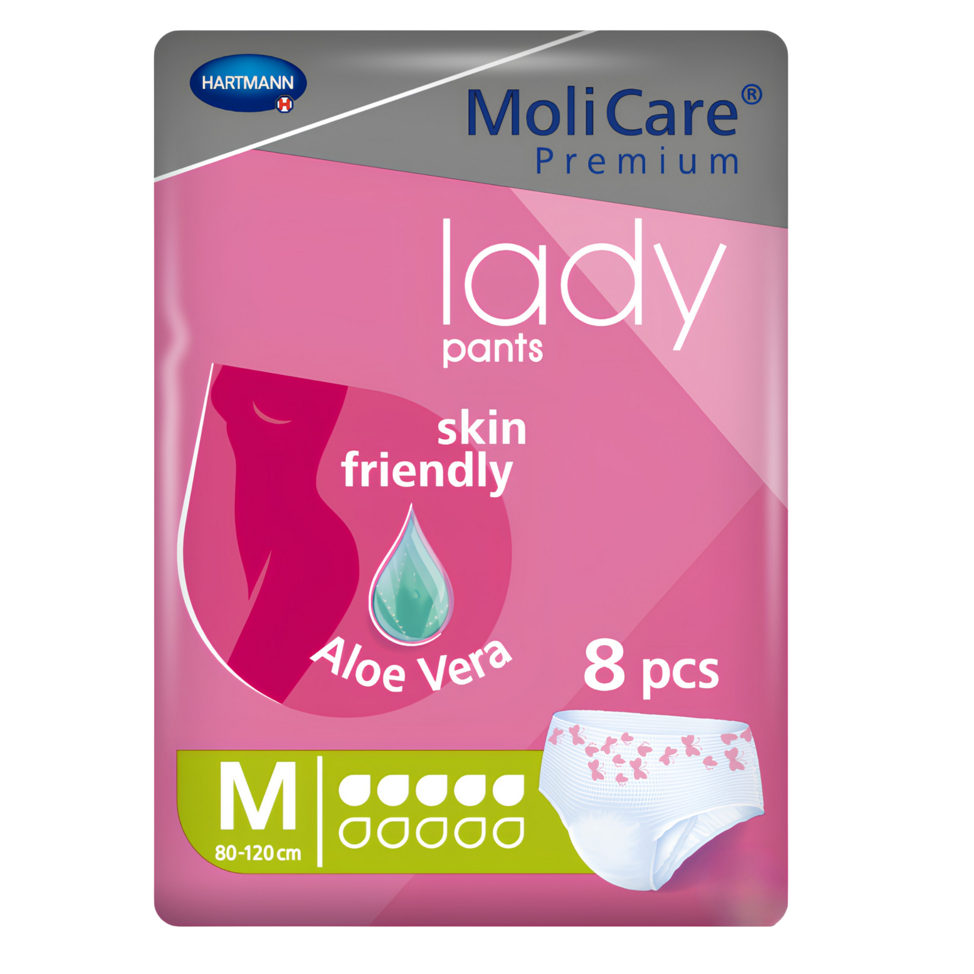MoliCare Premium lady pants packaging with pink background and product details.