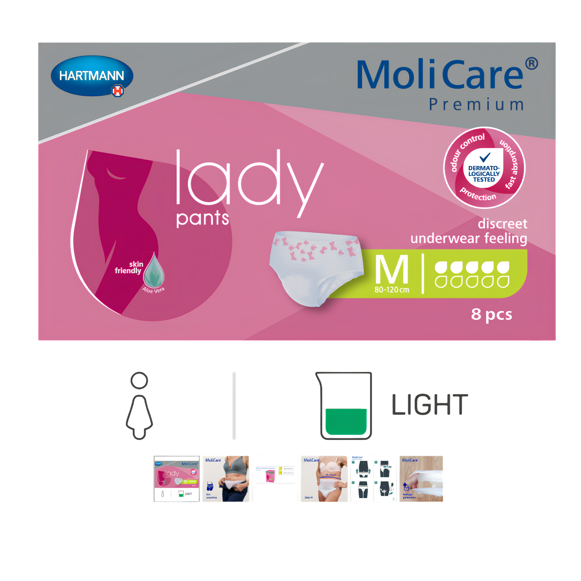 MoliCare Premium Lady Pants packaging showing medium-size disposable incontinence underwear (80–120 cm), 8 pieces, with a pink design and illustration of the product.