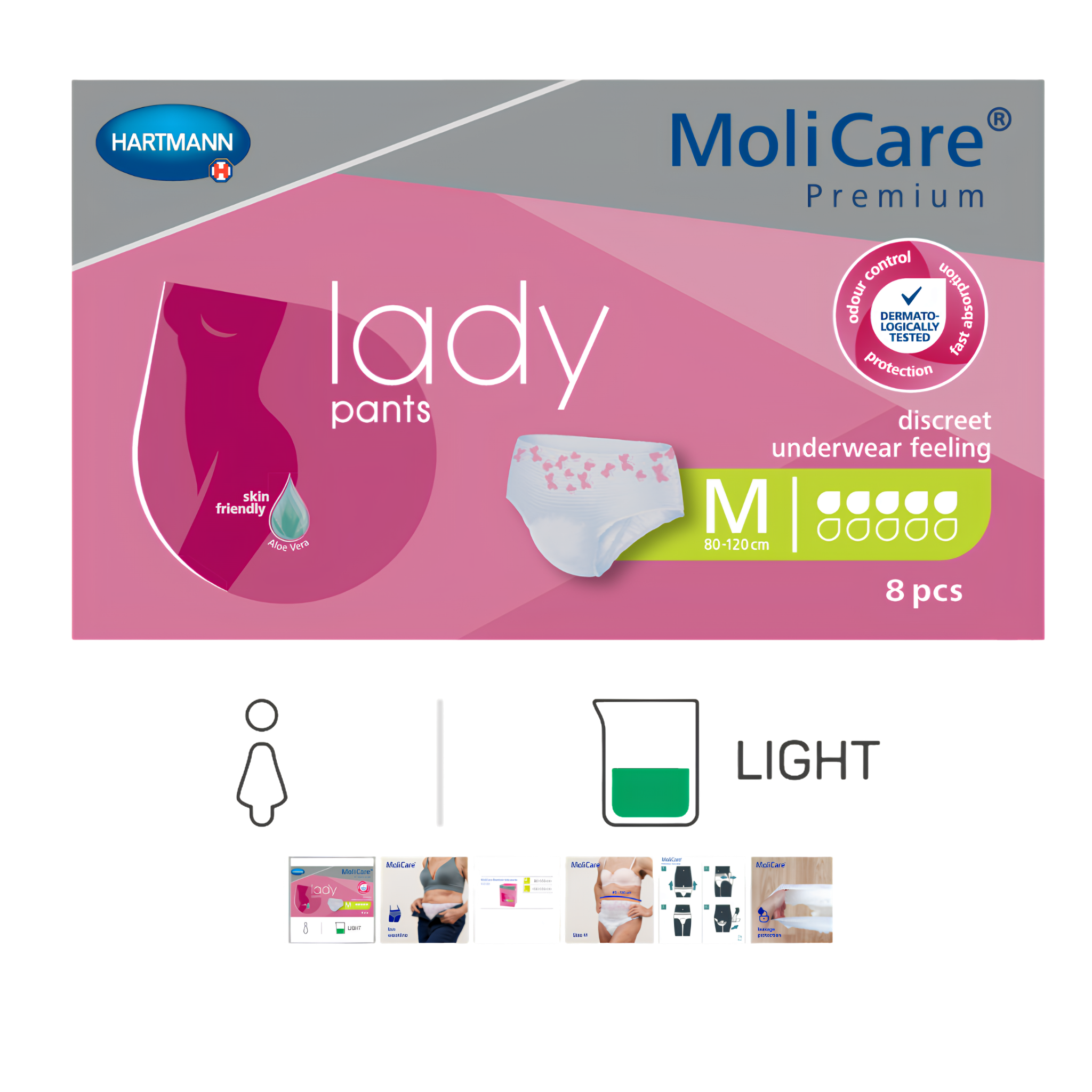 MoliCare Premium Lady Pants packaging showing medium-size disposable incontinence underwear (80–120 cm), 8 pieces, with a pink design and illustration of the product.