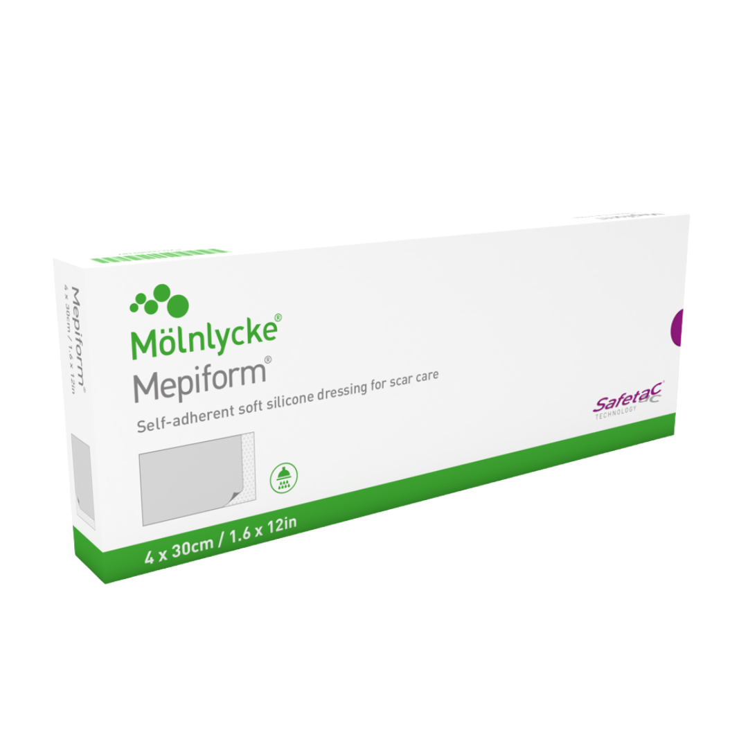 Mölnlycke Mepiform - Self-adherent soft silicone dressing for scar care - Box shows 4 x 30cm size - Safetac Technology.