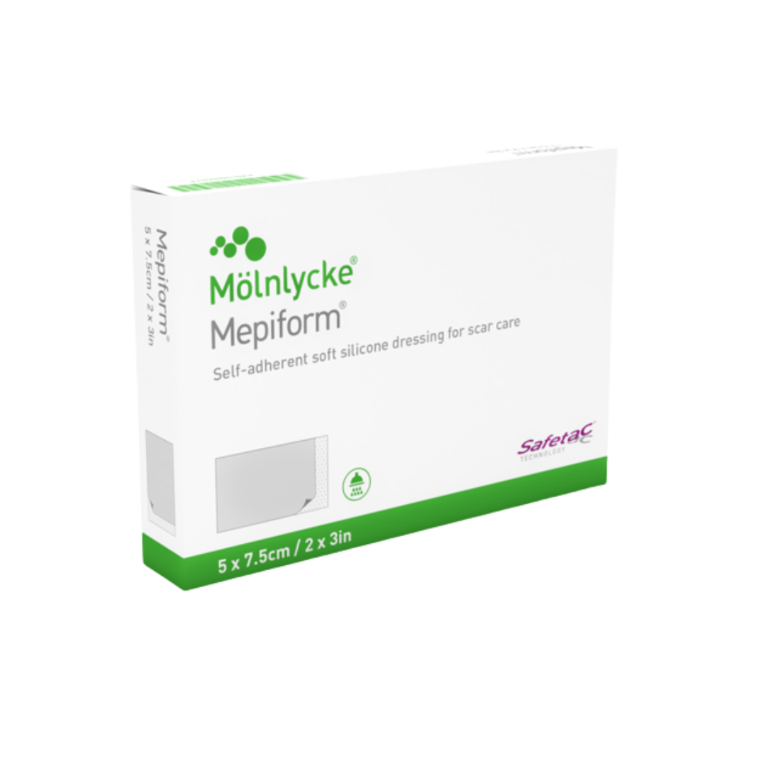 Mölnlycke Mepiform - Self-adherent soft silicone dressing for scar care - Box shows 5 x 7.5cm size - 2 x 3 inch - Safetac Technology.