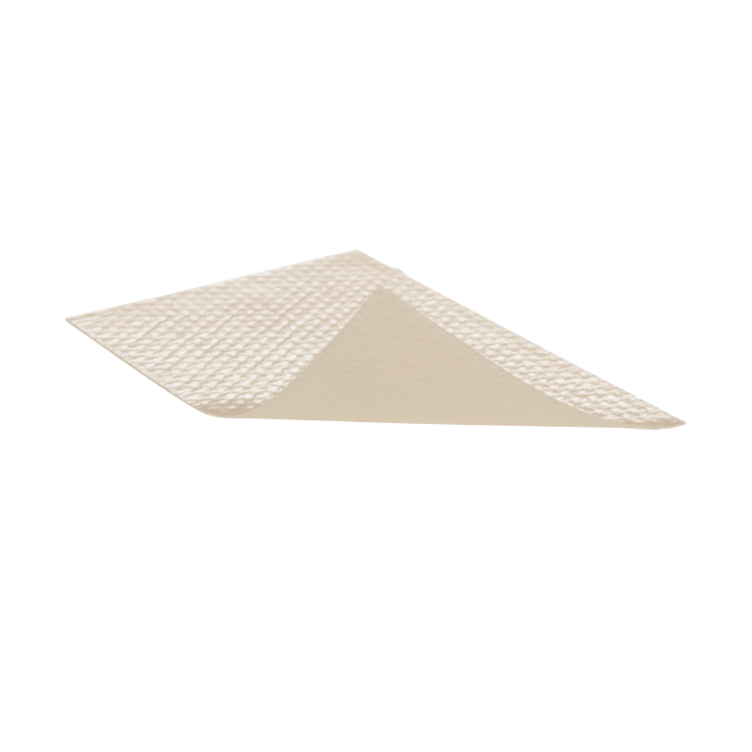 Close-up of Mölnlycke Mepiform - Self-adherent soft silicone dressing - Showing the tan-colored texture and adhesive backing