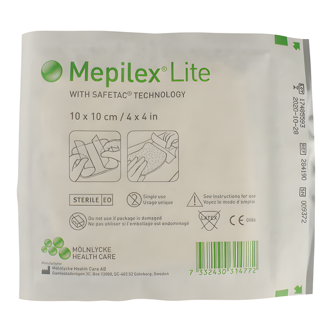 Molnlycke Mepilex Lite Foam Dressing 10x10cm provides gentle protection for low-exuding wounds with Safetac technology, ideal for fragile and sensitive skin care.