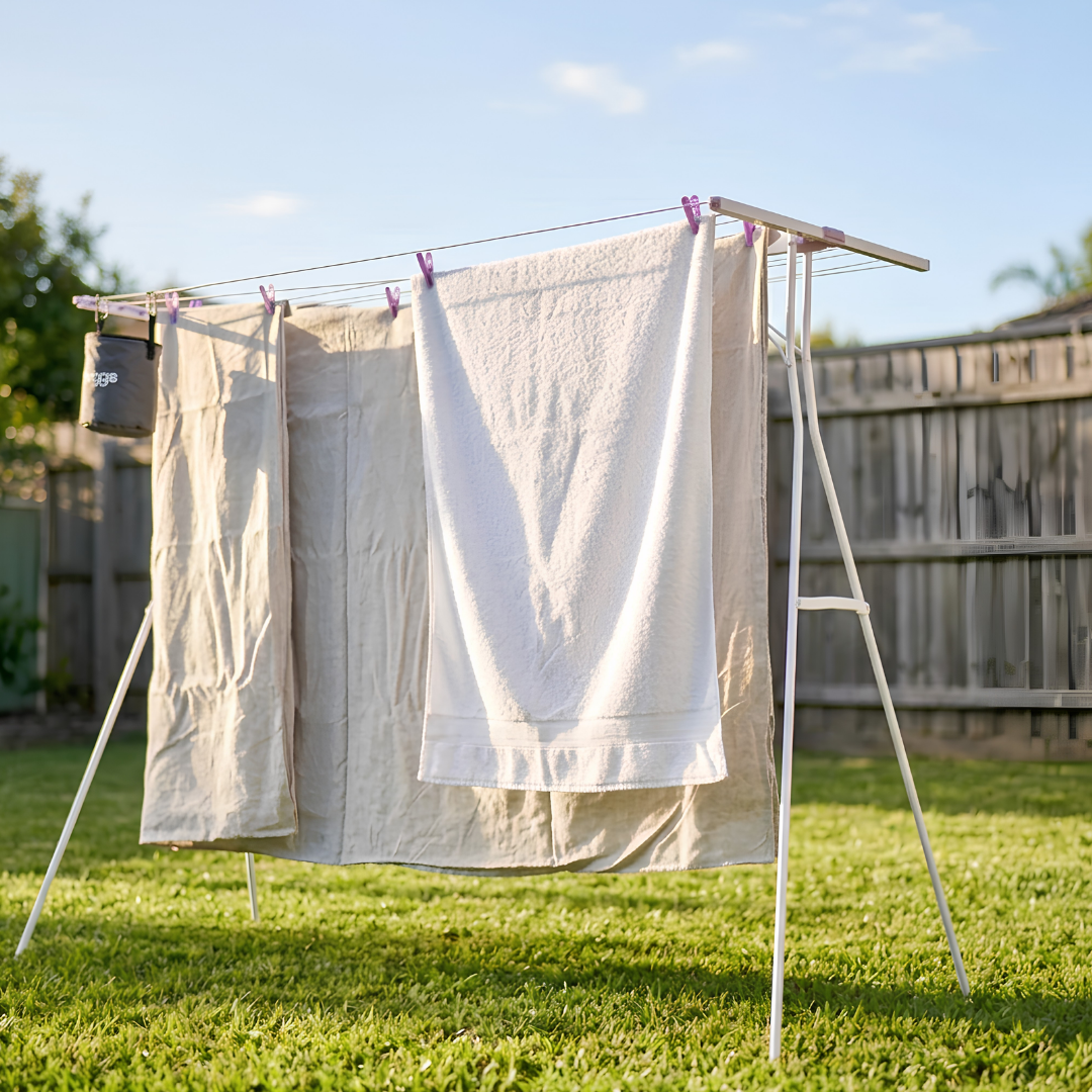 Portable Mrs Peggs Classic 10 Handy Line with 10 drying rails, foldable aluminium frame, accessible height, ideal for indoor or outdoor laundry drying.