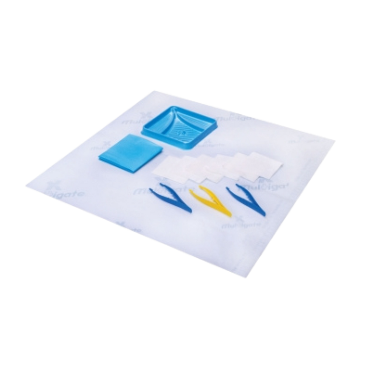 Multigate Basic Dressing Pack components laid out on an open white paper wrap, featuring a blue tray, folded blue sterile field, three plastic forceps (two blue, one yellow), and six non-woven swabs on a transparent background.