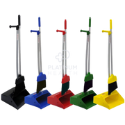 Nab Clean Upright Lobby Dust Pan with Broom in blue, yellow, red, black, and, green, featuring an ergonomic self-standing design, angled broom for efficient sweeping, and durable construction for home, office, and commercial cleaning.