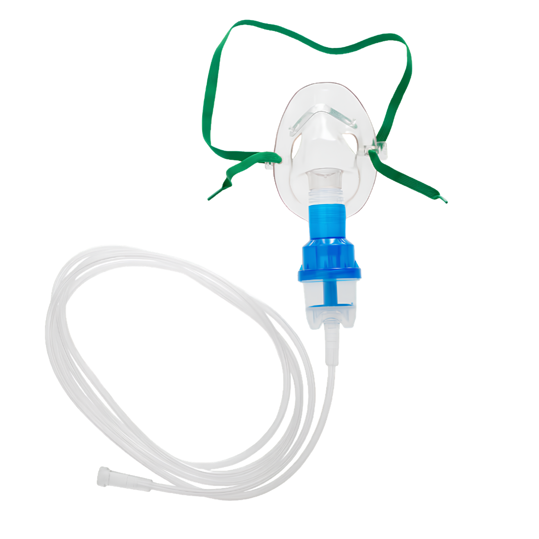 Nebuliser kit with 10mL jar, elongated mask, and 2.1m kink-resistant tubing made from medical-grade PVC for safe, effective respiratory therapy.