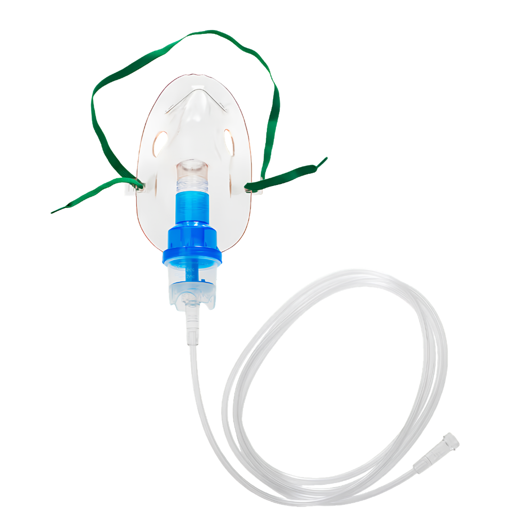 Nebuliser kit with 10mL jar, elongated mask, and 2.1m kink-resistant tubing made from medical-grade PVC for safe, effective respiratory therapy.
