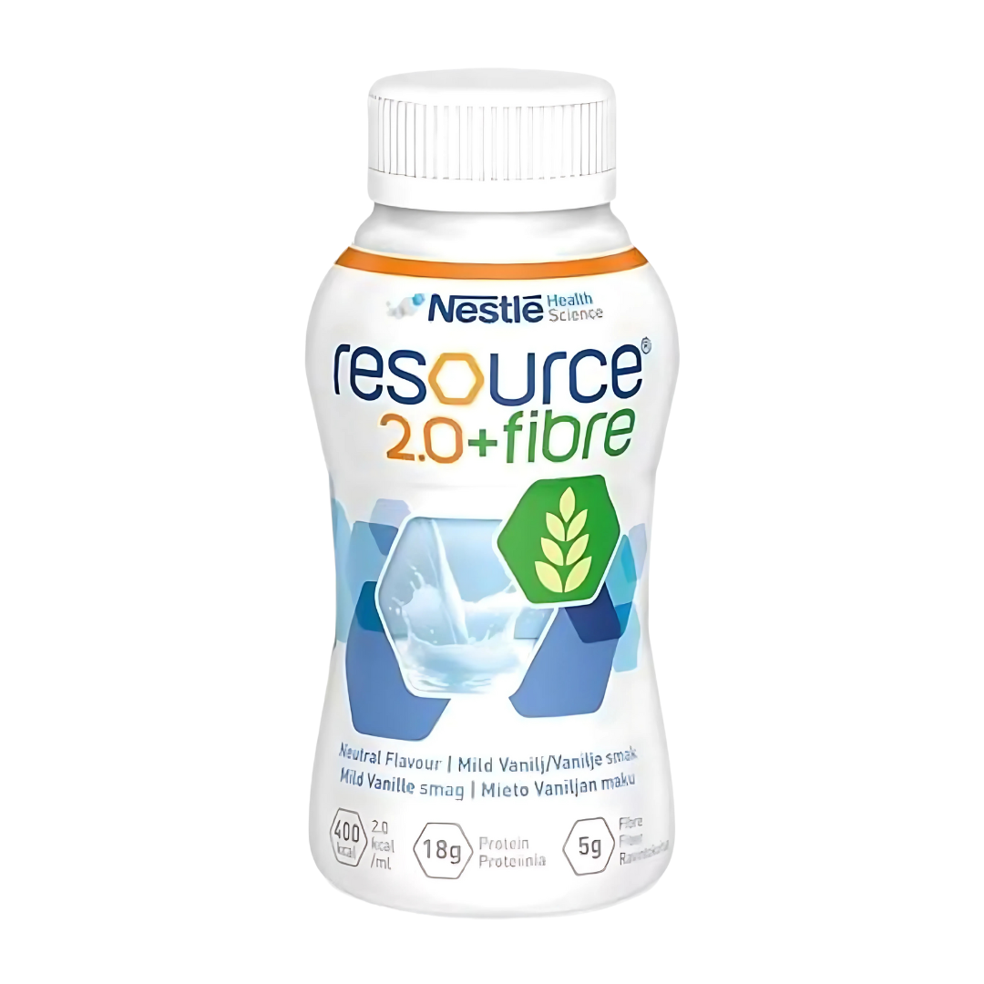 Nestlé Resource 2.0 Fibre Neutral 200ml high-energy nutritional supplement bottle with added fibre – ideal for elderly and clinical nutrition support.
