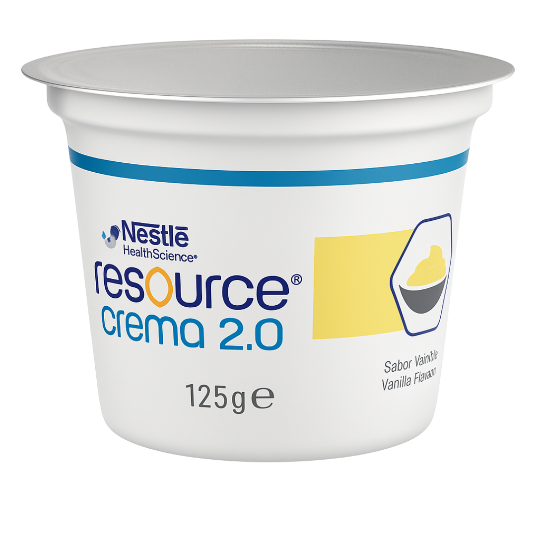 Nestlé Resource Crema 2.0 125g Tub – high-calorie, texture-modified nutritional supplement in vanilla or chocolate flavour.