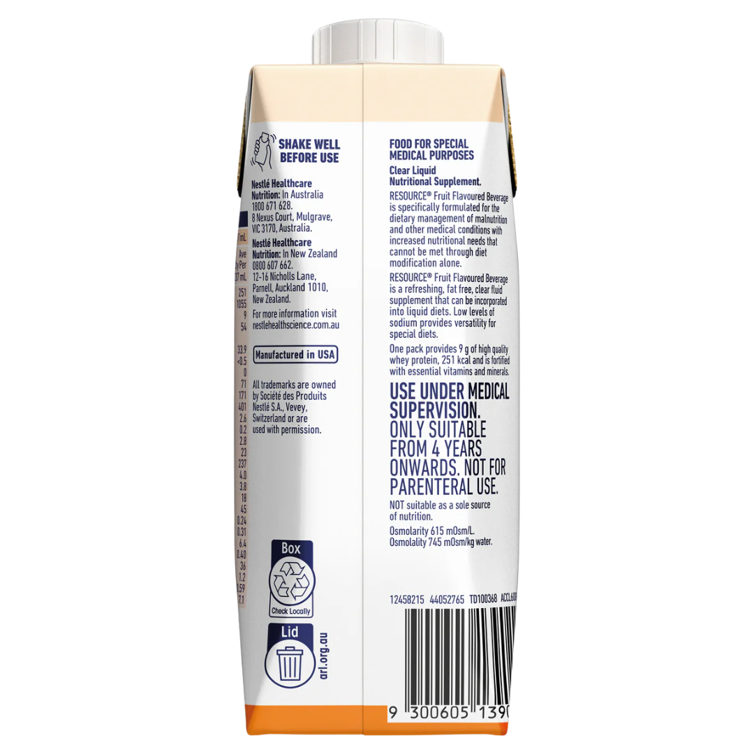 Nestlé Resource Fruit Beverage Prism 237ml – high-protein, fat-free nutritional supplement in fruit flavours for clear fluid diets and malnutrition support.