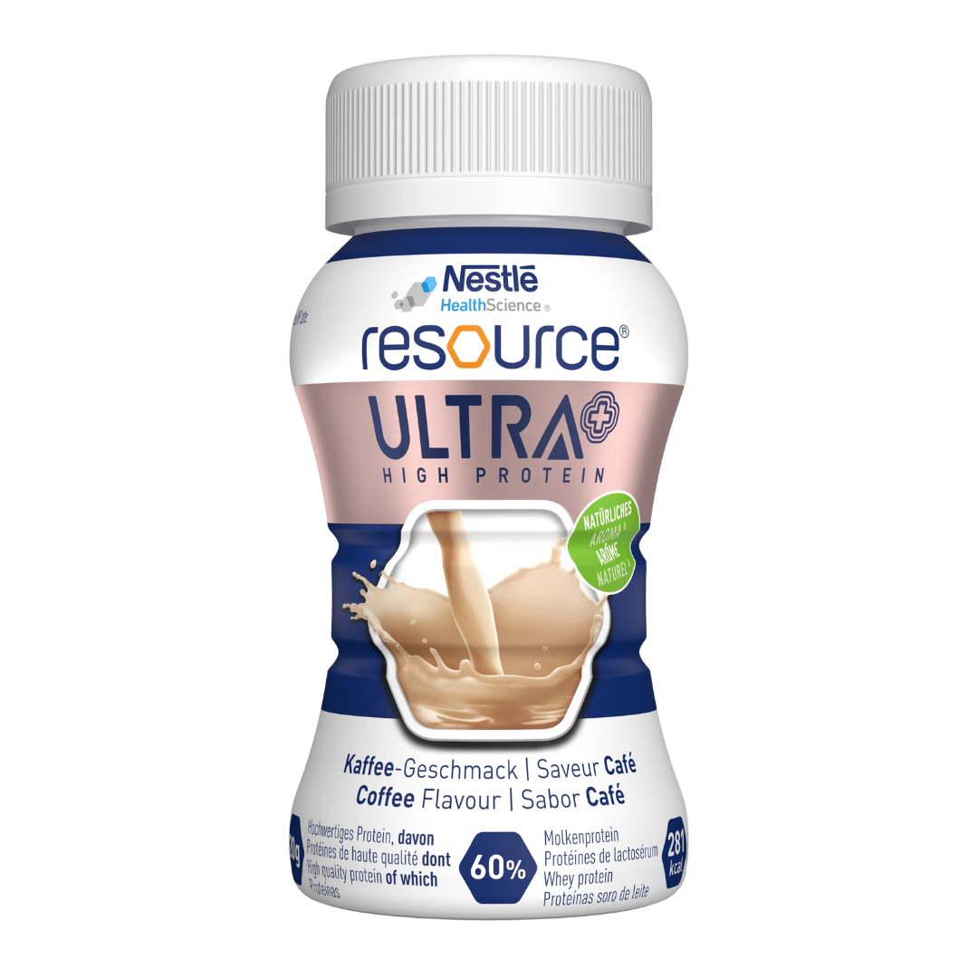 Nestlé Resource Ultra+ High Protein 125ml Bottle – Clear, fruit-flavoured, high-protein nutritional supplement for increased protein and energy needs.