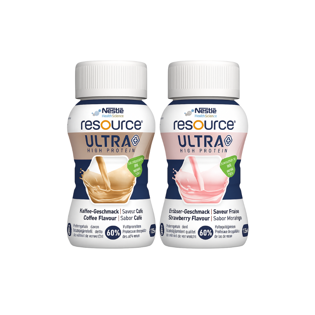 Nestlé Resource Ultra+ High Protein 125ml Bottle – Clear, fruit-flavoured, high-protein nutritional supplement for increased protein and energy needs.