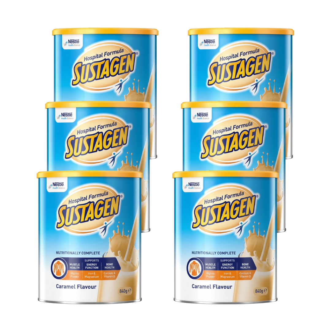 Carton containing 6 canisters of Nestlé Sustagen Hospital Formula - Caramel Flavour - Each can is 840g - Supports muscle, energy, and bone health.