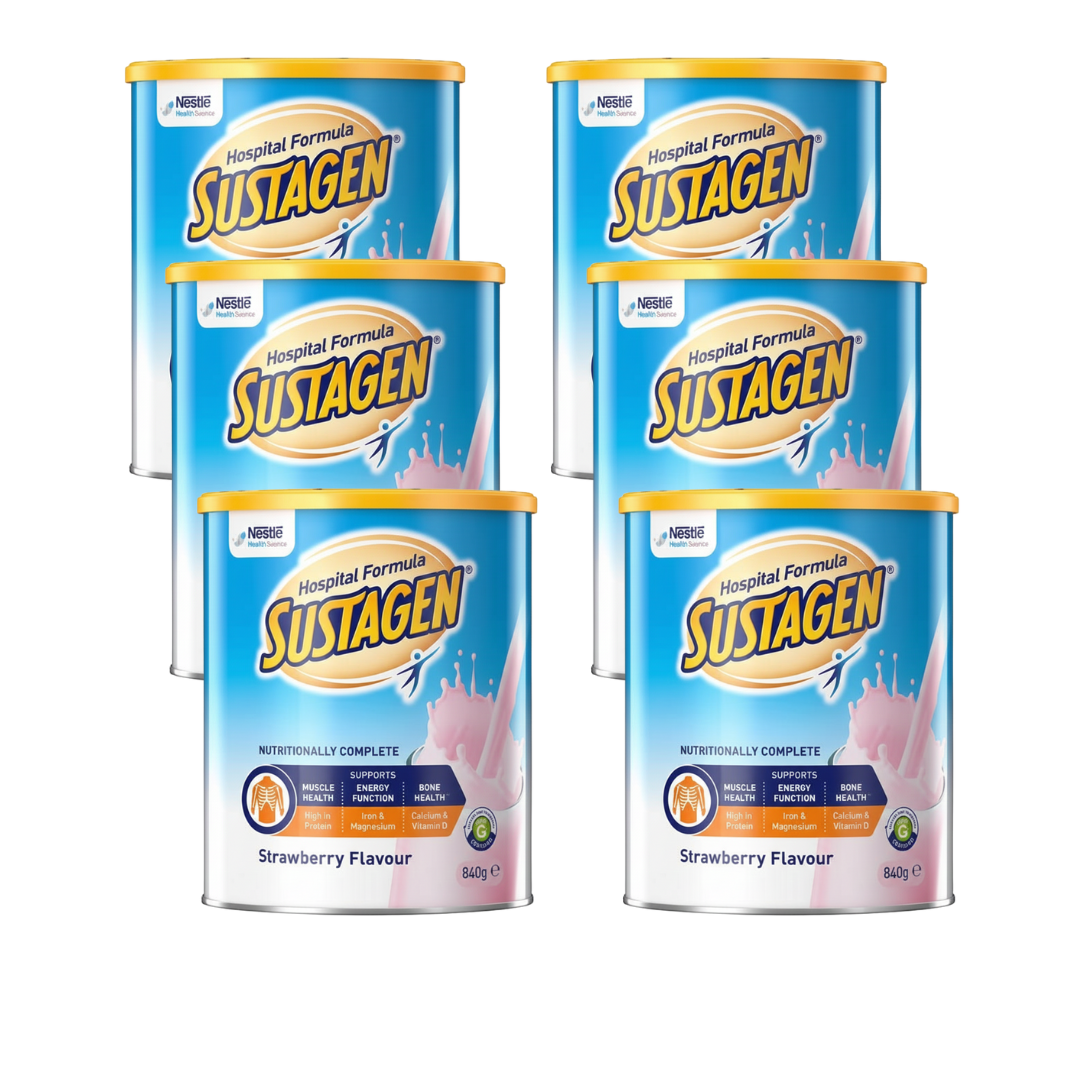 Six pack of Nestlé Sustagen Hospital Formula - Strawberry Flavour - 840g canisters - Nutritional supplement.