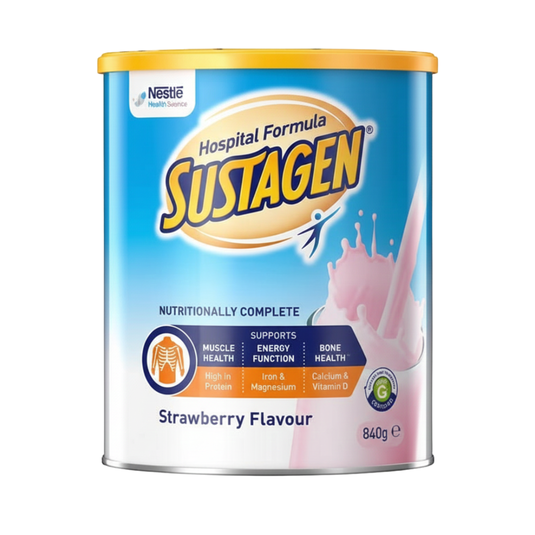 Nestlé Health Science Sustagen - Hospital Formula - Strawberry Flavour - 840g canister - Nutritionally complete - Supports Muscle Health, Energy Function, and Bone Health.
